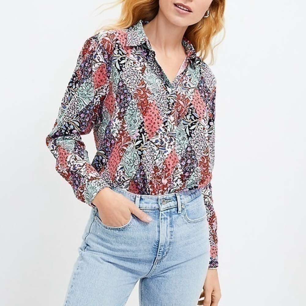 Loft Patchwork Bloom Everyday Pocket Button Down … - image 1
